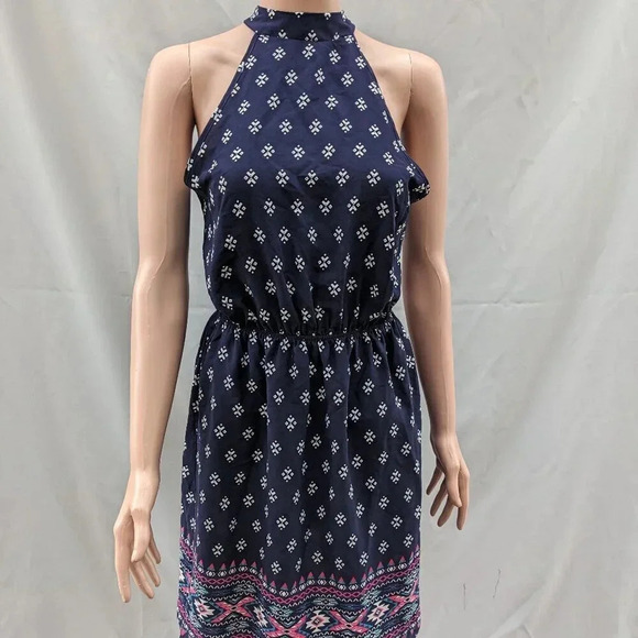 AQUA BORDER PRINT HANDKERCHIEF DRESS Small Navy Blue Halter Neck - Picture 2 of 12